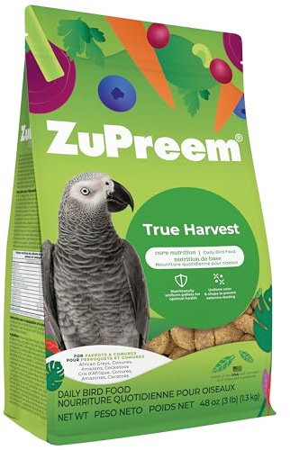 ZuPreem True Harvest Bird Pellets, Daily Bird Food for Parrot, Conure, Caique, African Grey, Eclectus, Small Cockatoo, Core Nutrition for Medium Large Birds, Added Vitamins, Parrot Food (ML, 3 lbs)