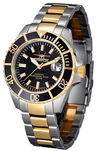 FIREFOX SEA Commander FFS525-102 Automatikuhr NH35 schwarz Glasboden verschraubte Krone Saphirglas Sicherheitsfaltschließe Herrenuhr massiv Edelstahl Bicolor vergoldet 20 ATM wasserdicht