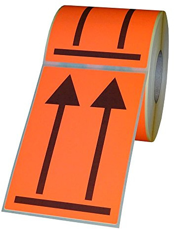 Versandetiketten Doppelpfeil - hier oben auf Rolle - 74 x 105 mm - 1000 Stück - schwarz/leuchtrot