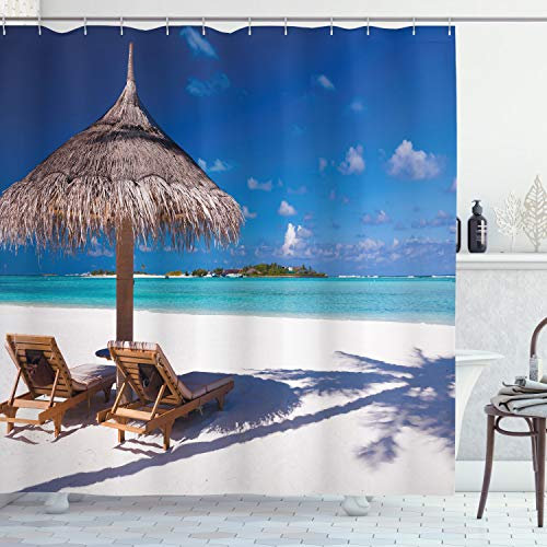 ABAKUHAUS Ozean Duschvorhang, Island Caribbean Sealife, Stoffliches Gewebe Badezimmerdekorationsset mit Haken, 175 x 200 cm, Pale Brown Türkis