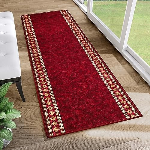 TAPISO Anti Rutsch Teppich Läufer rutschfest Brücke Meterware Oriental Rot Gelb Ornament Design Meliert Flur Küche Wohnzimmer 100 x 410 cm