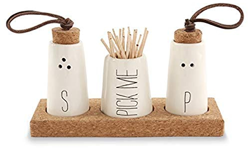 Mud Pie, Off-White Salt, Pepper & Toothpick Holder, Size: tray 2 x 6 | shakers 2 3/4 x 1 1/2 dia