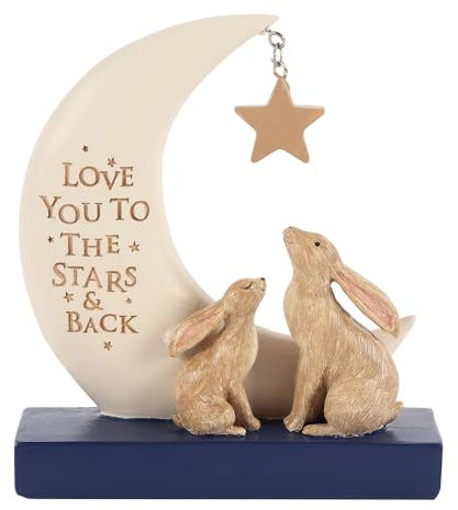 Lovely Multicolor Love You To The Stars & Back Resin Decorative Sign - 15cm x 13cm (1 Pc.) - Crescent Moon-shaped Design With Two Cute Bunnies - Premium Quality Indoor Accent - Perfect Gift