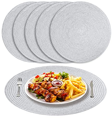 NAKIHOUSE Tischsets Abwaschbar Rund Geflochten Tischset 6er Set, 38cm Rund Platzsets Abwischbar, rutschfest, Hitzebeständig Schmutzabweisend Silber Platzdeckchen für Hochzeit, Restaurant, Küche