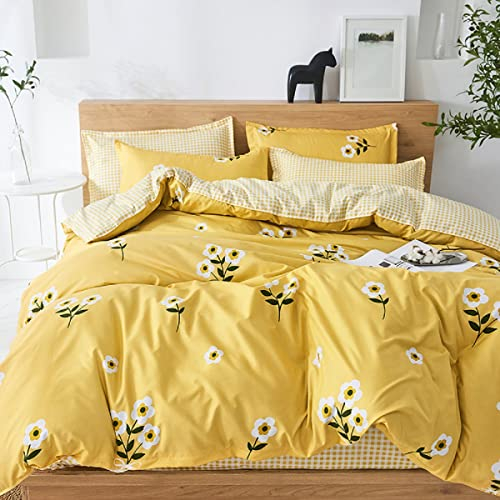 Boqingzhu Bettwäsche 200x220cm Gold Gelb Weiß Blumen Muster Kariert Wende Bettwäsche Set Microfaser Bettbezug und 2 Kissenbezüge 80x80cm mit Reißverschluss