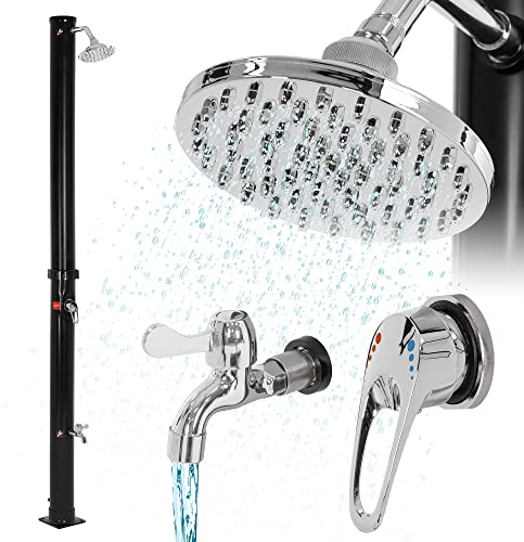 ML-Design Solardusche 20 L 210 cm rund mit Fußdusche und Regenduschkopf, Schwarz, warmes Wasser, bis 60°C ohne Stromanschluss, mit Gartenschlauch-Anschluss, Solar Gartendusche Außendusche Pooldusche