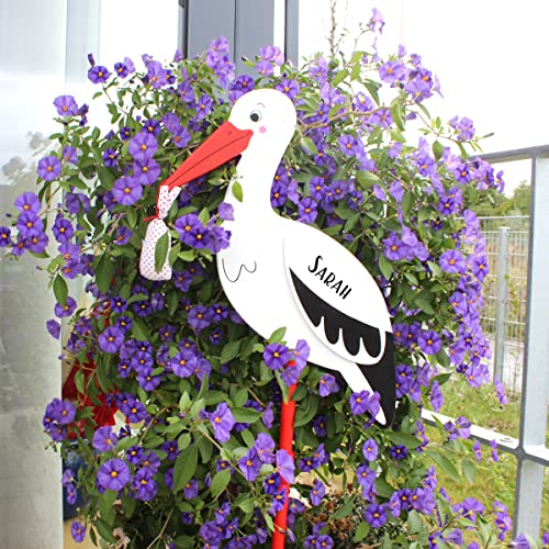 LittleStars Klapperstorch zur Geburt I Aufsteller für den Blumentopf oder den Garten mit Ihrer Personalisierung I 77 cm I mit Baby-Tuch