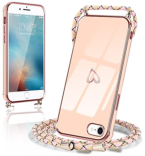 Micoden Handykette kompatibel mit iPhone 7,iPhone 8,iPhone SE 2020/2022 hülle Ultra dünn Kameraschutz Herz Love Design Galvanik Silikon Bumper Kordel zum Umhängen Handyhülle mit Band Schutzhülle,rosa