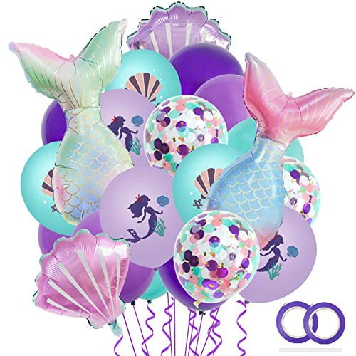 Catelves 22 Stücke Meerjungfrau Luftballon Set, Meerjungfrau Geburtstag Deko, Meerjungfrau Folienballon Thema Geburtstagsfeier Dekoration, Latex Konfetti Luftballons mit Band