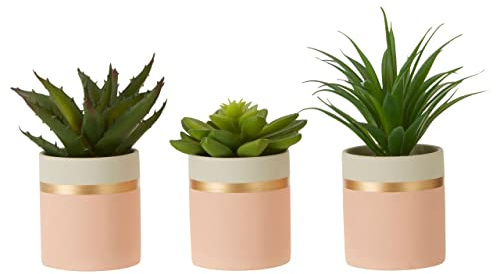 Premier Housewares Set of 3 Pink Pot Succulents, Gold Finish Trim, Concrete Planters, Southwestern Style, Ceramic Pot, Faux Succulents, Succulent Plants, W10 x D10 x H10cm