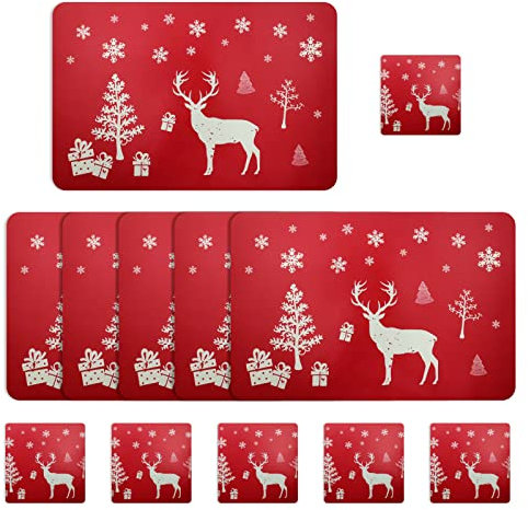 HongFuFu 12-Piece Christmas Placemats and Coasters Set, Red Reindeer Design