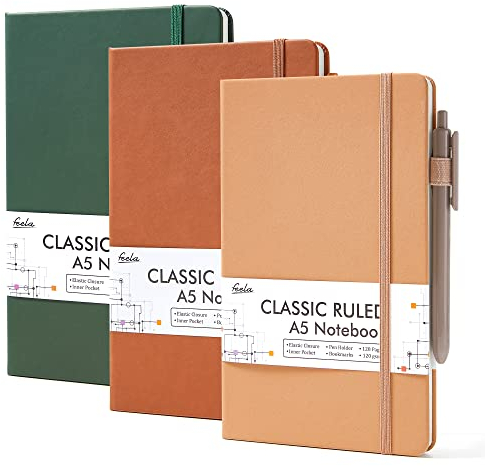 feela Hardcover-Notizbuch für die Arbeit, klassisch, liniert, liniert, Schulbedarf, mit 3 schwarzen Stiften, 120 g/m², 13 x 21,1 cm, 3 Stück, A5, Vintage-Farben