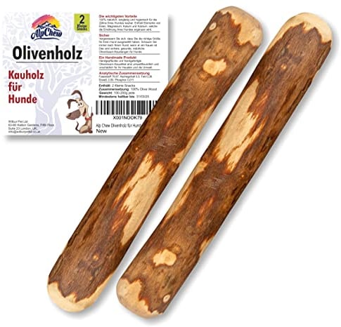 Alp Chew Olivenholz für Hunde Größe Kleine 2 Stück – Kaustange & Kauspielzeug aus Naturholz zur Zahnpflege – Splitterfrei, Robust & Kaustick