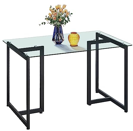 FurnitureR Table de salle à manger rectangulaire moderne de 119,4 cm avec plateau spacieux en verre trempé et pieds noirs élégante pour la maison, la cuisine, le restaurant
