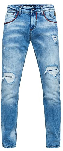 Destroyed Herren Jeans Hose 'MINO' Slim Fit Stretched Jeans mit Detailreicher Ziernaht Streetwear Freizeit Hose Kontrast-Naht Destroyed-Pants 242, Farbe:Light Blue Used, Größe Jeans L32:30W / 32L