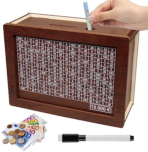 Spardose Holz, Holz Geldbank, 10000€ Sparbox mit Zähler zum Ankreuzen, Spardose mit Sparziel und Zahlen, Spardose, Sparschwein Wiederverwendbare mit Stift für Erwachsene