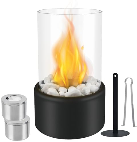 ANNTIM Cheminée de Table, Cheminee de Table Bioethanol Interieur, Cheminée Éthanol Décoration de Feu de Table Moderne, Cheminée au Bioéthanol Autonome avec Pierres Décoratives Blanches