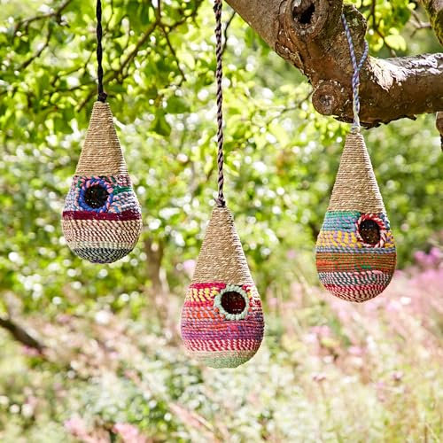 Teardrop Recycled Cotton Birdhouse - Handmade Bird Nester/Nest Box - Fair Trade Artisan - Recycled Metal, Cotton and Jute