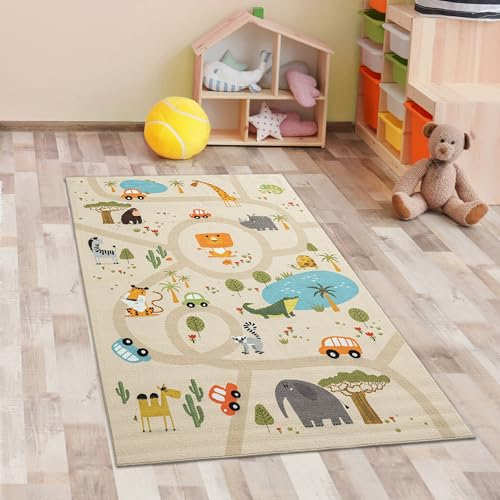 CARPETIA Kinderzimmer Teppich Kinderteppich Spielteppich Läufer waschbar rutschfest Safari/Dschungel beige 80x150 cm