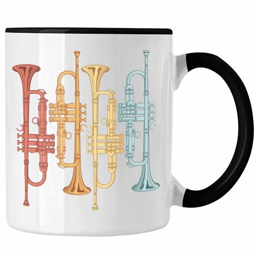 Trendation - Trompete Tasse Geschenk für Posaunist Kaffee-Becher Posaune Retro Grafik (Schwarz)