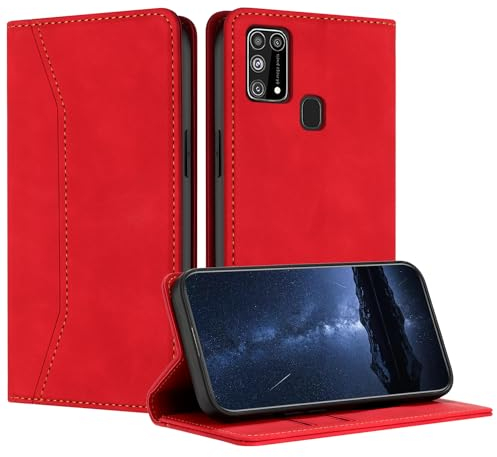 Mo-Beauty Hülle Kompatibel mit Samsung Galaxy M31 / M21S, Handyhülle Samsung M31 / M21S, Galaxy M31 / M21S Hülle, PU Leder Flip Wallet Klappbare Schutzhülle Magnet Ledertasche Klapphülle Case (Rot)