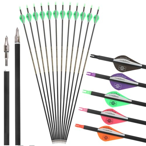 12pcs Pure Carbon Pfeile Spine 300 350 400 500 600 Jagdpfeile Zielpfeile für Recurve Bogen Compound Bogen (2 grün 1 weiß, Spine 350)