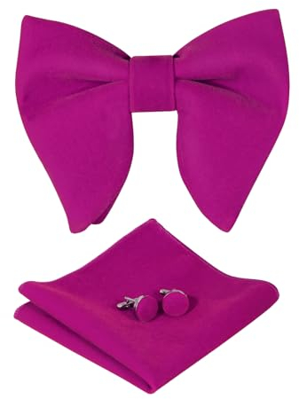HOULIFE Fliege Herren Set - Verstellbare Fliege aus Samt Vorgebunden Fliege, einfarbige Einstecktuch, Manschettenknöpfe Set für Bräutigam Hochzeit formal mit Geschenkbox (Rosenrot)