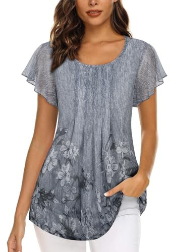 Ladies Shirts and Blouses, Summer Tops for Women UK Plus Size Womens Tunic Tops Short Sleeve Blouse Womens Floral Tops Evening Tops for Women UK Cap Sleeve Tunic Tops for Womens