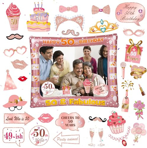 Rose Gold 50th Photo Props - 34 Pieces 50th Photo Booth Props Rose Gold Inflatable Selfie Frame 50th Birthday Photo Booth Props for Women Men 50th Birthday Party Supplies 50th Birthday Gift