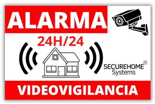 SecureHome Systems - Set de 8 pegatinas disuasorias de robo fondo blanco - Alarma + videovigilancia 24 horas - Resistencia a la lluvia y a los rayos UV - 8,5x5,5cm