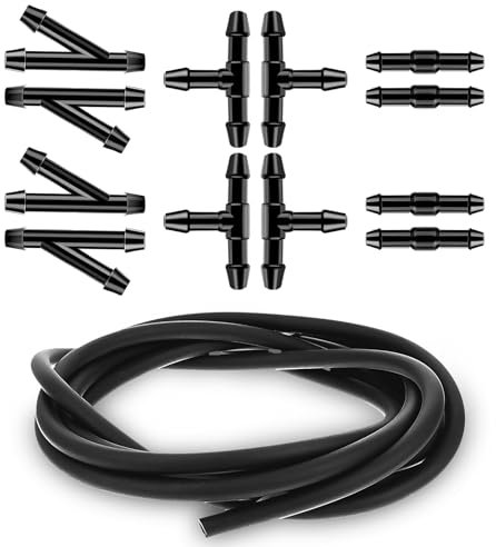 JIEYAO Universal Scheibenwaschanlage Schlauch, 2Stück 1m Wischwasserschlauch mit 12Stück 2Wege + 3Wege I/T/Y 3Typ-Schlauchverbinder Schwarz Gummi Wischwasserschlauch Reparaturset Automotive Schlauch
