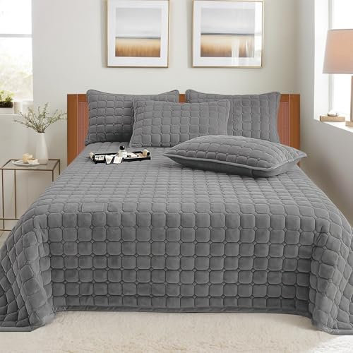 SHANNA Extra Große Bettdecke Bettwurf: Milch Samt Throw Gesteppte Mikrofaser 3-Teilige Tagesdecke 230 X 250 cm mit 2 Kissenbezügen 50 X 70 cm Pflegeleicht, Schlafzimmer Bett (Dunkelgrau)