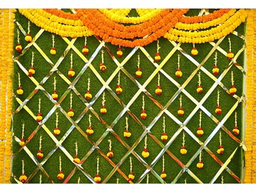Baocicco 7x5ft India Pooja Photography Backdrop Yellow Flower Green Flower Wall Hindu Photography Background Indian Wedding Puja Ganpati Pooja Traditional Mehndi Festival for Kids Adult Studio Video