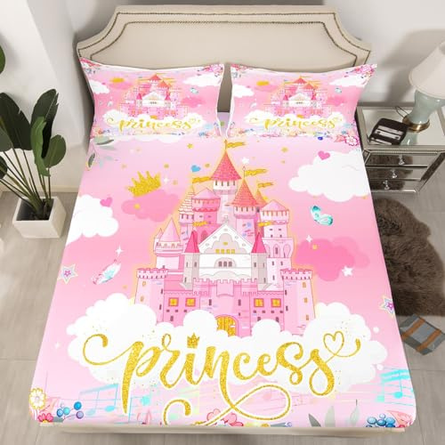 Homemissing Prinzessin Glitzer Spannbetttuch Rosa Schloss Umkehrbar Spannbettlaken 90x200cm für Mädchen Dekor Schmetterling Floral Bettlaken Set Fee Bettlaken
