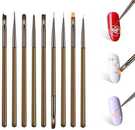 9Pcs Nail Art Brushes Set Nail Dotting Tool Nail Art Design Pen Painting Tools Nail Polish Clean-Up Brushes 3D Nail Art Decorations Brush Nail Gel Detail Drawing Brushes for Gel Polish DIY Manicure
