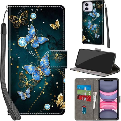 For iPhone 11 Leather Wallet Case,Flip Protective Book Cover with Card Holder,Stand Wrist Strap Magnetic Flip Cover Compatible with for iPhone 11 Case -Blue Butterfly
