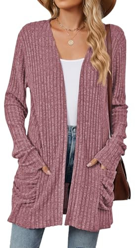 RUISHH Cardigan Donna a Manica Lunga Maglione Lungo Elegante Autunno Inverno Giacca con Tasche Viola L