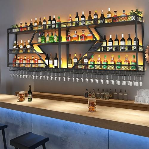 Portabottiglie da parete, portabottiglie a LED con mensola sospesa, portabicchieri da vino, mensole galleggianti per esposizione del vino, mensola per liquori in ferro, per supporto di stoccaggio per
