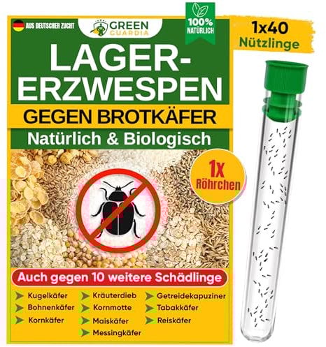 GREEN GUARDIA Lagererzwespen gegen Brotkäfer - 1 Röhrchen à 40 Nützlinge - effektiv Kornkäfer, Messingkäfer, Speckkäfer uvm. bekämpfen. Alternative zu Brotkäfer Falle und Kornkäfer Falle