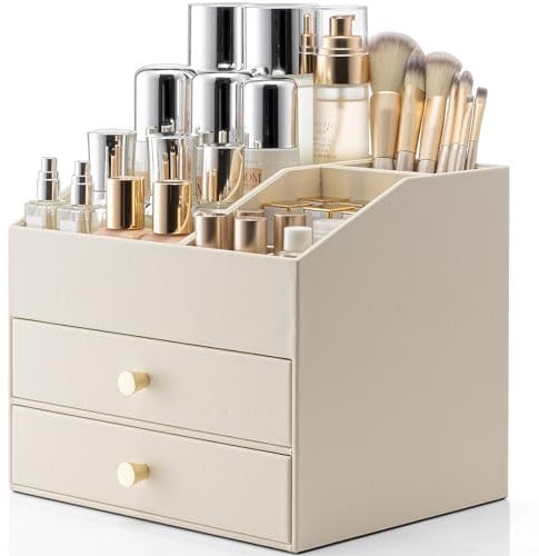 Vlando Make up Organizer mit 3 Schubladen, Schminktisch Organizer, Kosmetik Organizer, Schmink Organizer für Badezimmer, Dresser Skincare, Beige