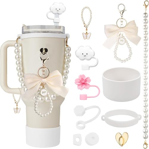 Stanley Cup Accessori Set di Accessori contiene tappi in silicone a prova di perdite, coperchi in paglia, ciondoli, maniglia per bottiglia d'acqua, custodia in silicone - KAMHBE (Bianco)