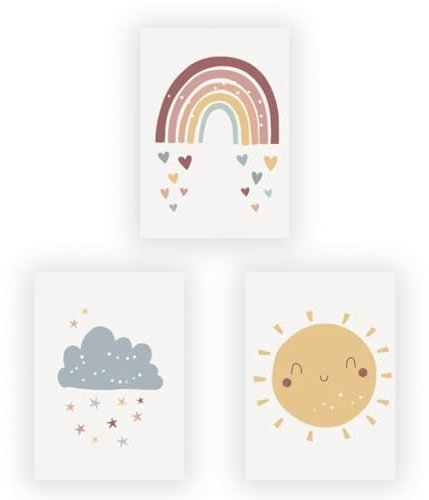 3 Poster, Kinderzimmer Jungen und Mädchen, Wolken, Regenbogen, Sonne, Poster Bilder, Kinderzimmer Dekoration