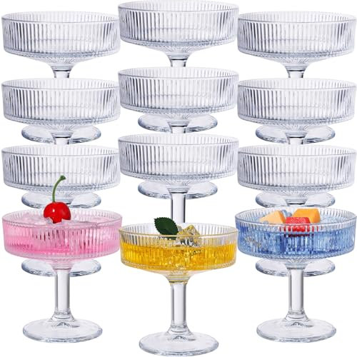 Teenyyou 12 Pcs Ribbed Vintage Coupe Glasses 7 oz Martini Glasses Champagne Coupe Classic Cocktail Glassware Reusable Ribbed Glassware for Champagne Cocktail Martini European Style (Clear)