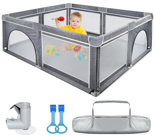 Laufstall Baby 180x200cm – Kinder Sicherheits-Spielplatz mit dicken Rand, rutschfestem Boden, atmungsaktivem Netz, zerlegbarem Baby Zaun, 2 Kletterringen und Tragetasche