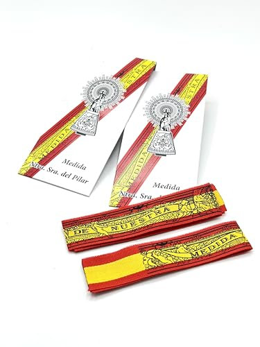 Pack de 2 medidas originales de la Virgen del Pilar con Bandera de España – Usalas como adorno y como símbolo de fe. Cinta. Pulsera