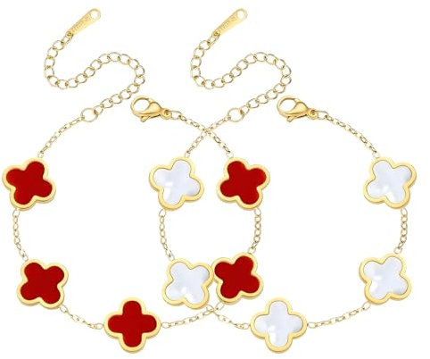 2 Stück Armband Kleeblatt,Einfache Design Stil,Glücksarmband,Lucky Kleeblatt Schmuck,Gold Armbänder Set für Damen und Mädchen (Weiß + Rot)