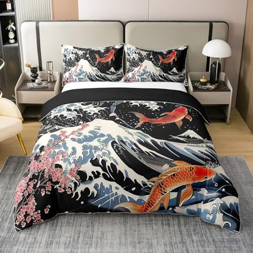 Die Große Welle 100% Baumwolle Bettbezug 135x200 für Kinder Teens Erwachsene,Japanischer Karpfen Bettwäsche Set Dekor,Traditioneller Mond Tröster Bezug,Ukiyeo Kirschblüte Bett Set mit 1 Kissenbezug