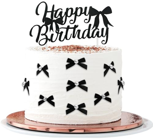 VewePata Cake Topper Geburtstag,18 Stück Minischwarze Schleife+Perlen Tortenaufleger mit Happy Birthday Tortendeko Schild,Tortendeko Hochzeit,Torten Deko-Junggesellinnenabschied Dekoration (Schwarz)