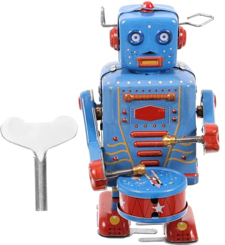 Kisangel Aufziehen Metall Walking Roboter Spielzeug, Vintage Blechspielzeug Roboter Trommler Aufziehspielzeug für Sammler und Erwachsene Musikspielzeug (Blau)