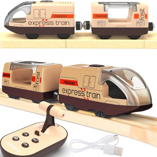 TOPLIVING Elektroeisenbahn für Holzschienen, ferngesteuerte Spielzeugeisenbahn, Motorisierte Eisenbahn mit Sound, batteriebetriebene Lokomotive, kompatibel mit Thomas, Brio und Chuggington